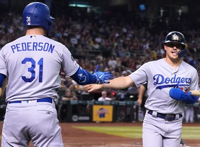 Los Angeles Dodgers teammates Kiké Hrnandez and Joc Pederson celebrate