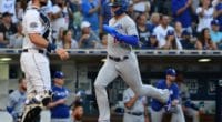 Los Angeles Dodgers utility player Kiké Hernandez scores a run against the San Diego Padres