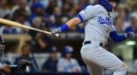 Los Angeles Dodgers outfielder Matt Beaty hits a single against the San Diego Padres