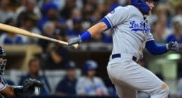 Los Angeles Dodgers outfielder Matt Beaty hits a single against the San Diego Padres