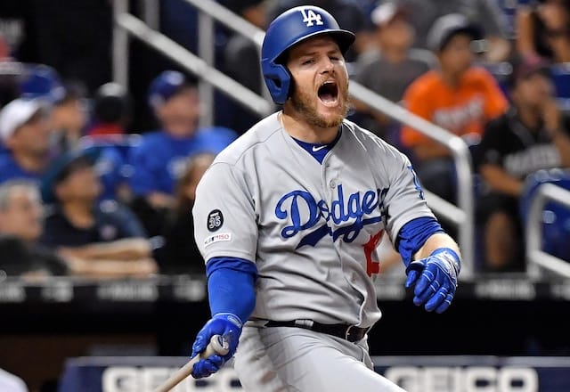 Los Angeles Dodgers infielder Max Muncy reacts during an at-bat