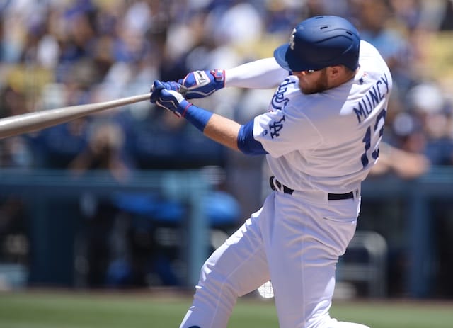 Los Angeles Dodgers infielder Max Muncy hits a home run against the San Diego Padres