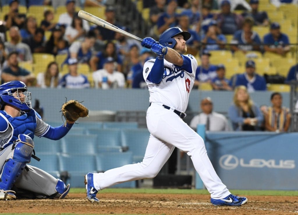 Los Angeles Dodgers infielder Max Muncy hits a home run