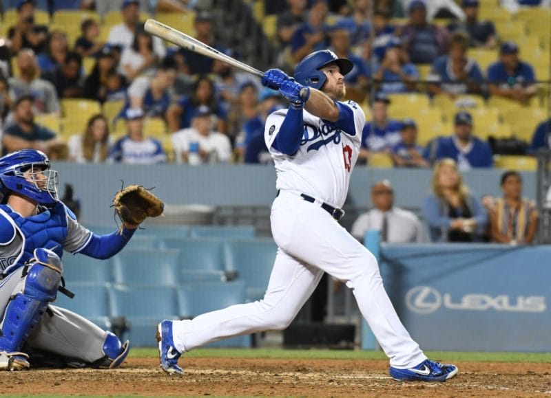 Los Angeles Dodgers infielder Max Muncy hits a home run