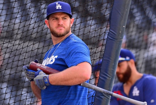 Los Angeles Doders teammates Russell Martin and Max Muncy during batting practice at Petco Park