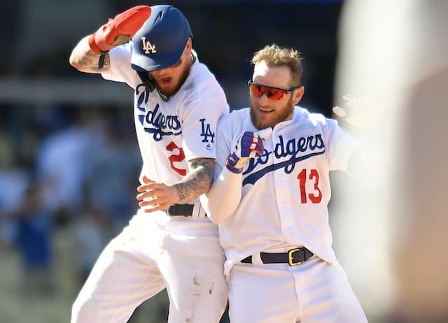 Max Muncy and Alex Verdugo celebrate a Los Angeles Dodgers walk-off win