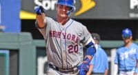 New York Mets first baseman Pete Alonso reacts after breaking Cody Bellinger's National League rookie home run record