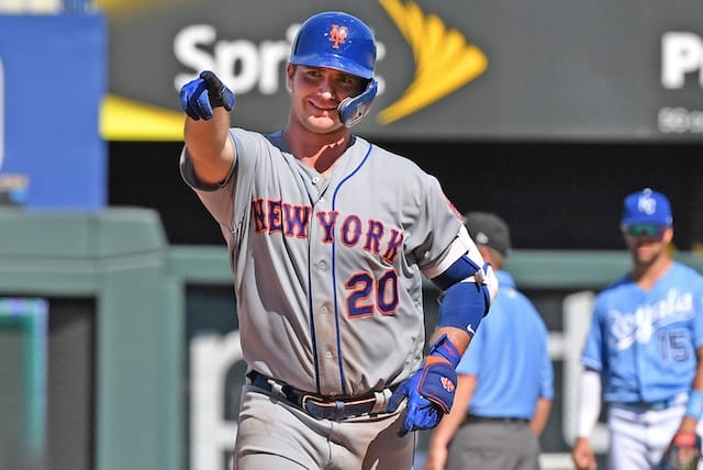 New York Mets first baseman Pete Alonso reacts after breaking Cody Bellinger's National League rookie home run record