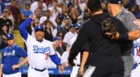 Los Angeles Dodgers manager Dave Roberts yells at Arizona Diamondbacks starter Robbie Ray during a benches-clearing incident