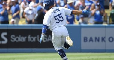 Los Angeles Dodgers catcher Russell Martin celebrates after a walk-off hit