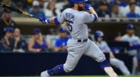 Los Angeles Dodgers catcher Russell Martin drives in a run against the San Diego Padres