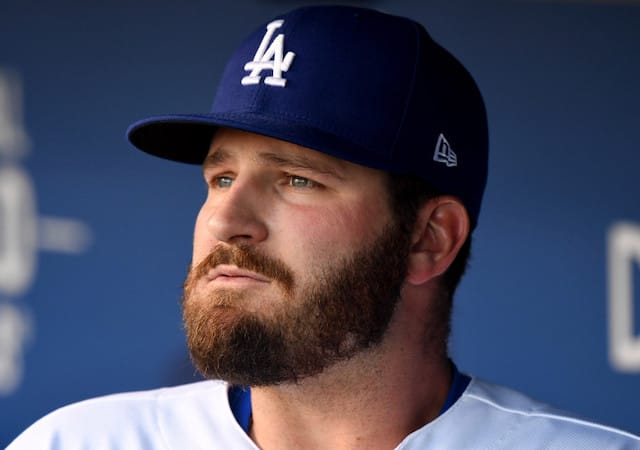 Los Angeles Dodgers first baseman Tyler White in the dugout