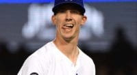 Los Angeles Dodgers starting pitcher Walker Buehler reacts to throwing a complete game