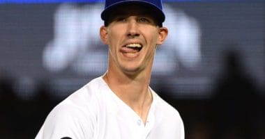 Los Angeles Dodgers starting pitcher Walker Buehler reacts to throwing a complete game