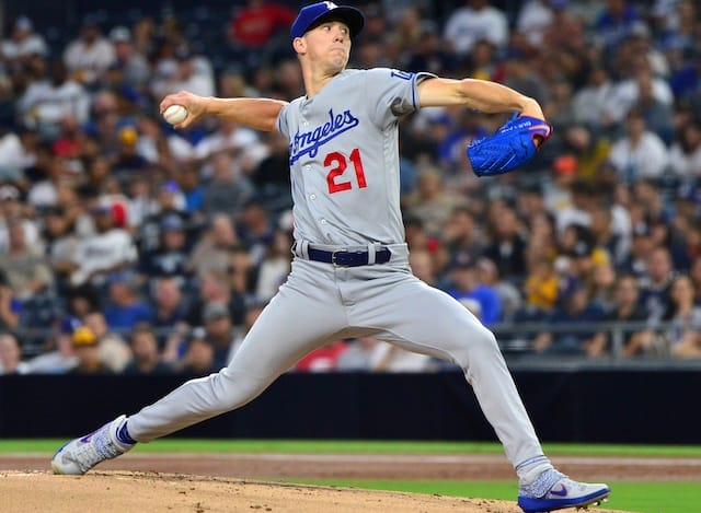 Walker Buehler Los Angeles Dodgers Unsigned White Jersey Pitching Photograph