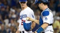 Walker Buehler and Will Smith celebrate after a Los Angeles Dodgers win