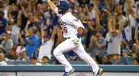 Los Angeles Dodgers catcher Will Smith reacts after hitting a grand slam against the San Diego Padres