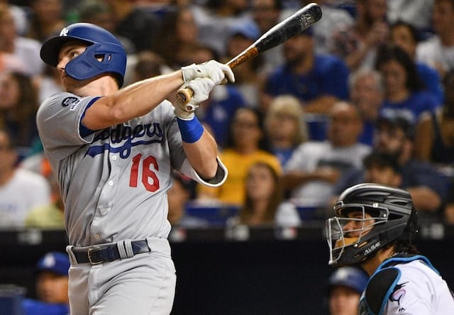 Los Angeles Dodgers catcher Will Smith hits a home run against the Miami Marlins