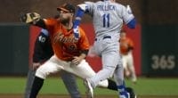 Los Angeles Dodgers outfielder A.J. Pollock runs to first base