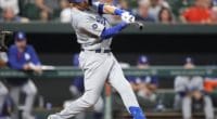 Los Angeles Dodgers outfielder A.J. Pollock hits a home run against the Baltimore Orioles
