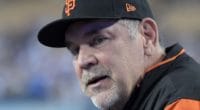 San Francisco Giants manager Bruce Bochy looks on during a game at Dodger Stadium
