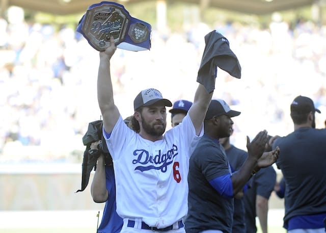 Los Angeles Dodgers utility player Charlie Culberson celebrates after hitting a walk-off home run to clinch the NL West