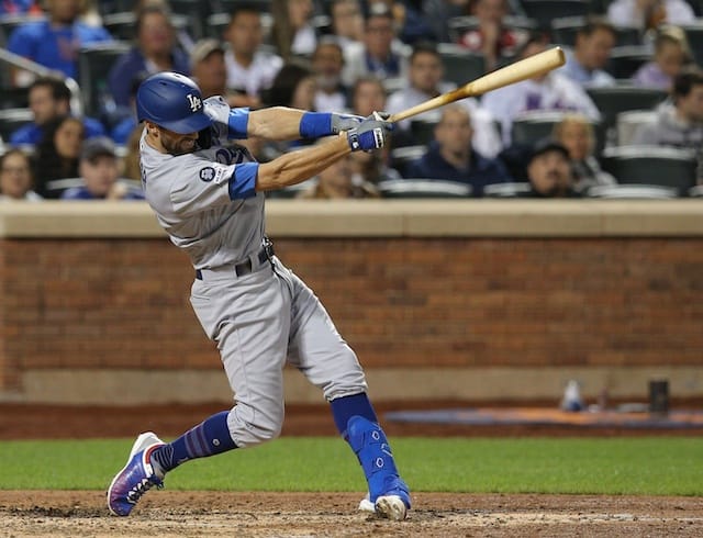 Los Angeles Dodgers utility player Chris Taylor hits a two-run double against the New York Mets