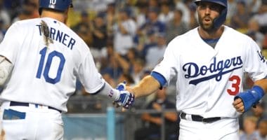 Los Angeles Dodgers teammates Chris Taylor and Justin Turner celebrate