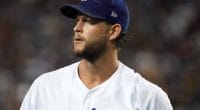 Los Angeles Dodgers pitcher Clayton Kershaw walks off the field between innings of a start against the San Francisco Giants
