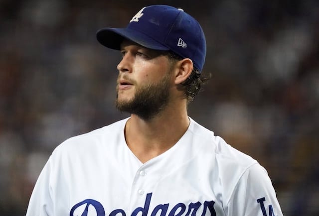 Los Angeles Dodgers pitcher Clayton Kershaw walks off the field between innings of a start against the San Francisco Giants