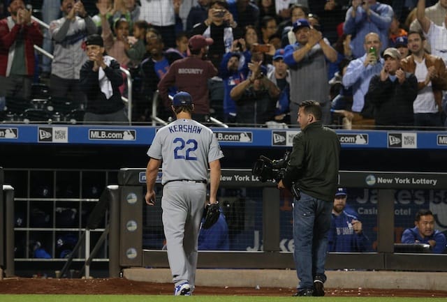 Los Angeles Dodgers pitcher Clayton Kershaw walks to the dugout at Citi Field