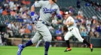 Los Angeles Dodgers All-Star Cody Bellinger hits an RBI single against the Baltimore Orioles