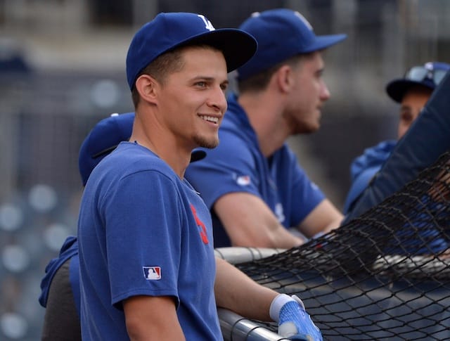 Los Angeles Dodgers teammates Cody Bellinger and Corey Seager during batting practice at Petco Park