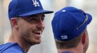 Los Angeles Dodgers teammates Cody Bellinger and Jedd Gyorko during batting practice at Petco Park