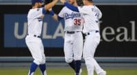 Cody Bellinger, Joc Pederson and Chris Taylor celebrate after a Los Angeles Dodgers win