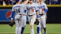 Cody Bellinger, Kiké Hernandez, A.J. Pollock, Corey Seager, Justin Turner celebrate after a Los Angeles Dodgers win
