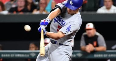 Los Angeles Dodgers shortstop Corey Seager hits a home run against the Baltimore Orioles