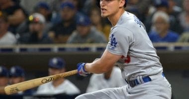 Los Angeles Dodgers shortstop Corey Seager hits an RBI double against the San Diego Padres