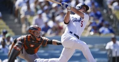 Los Angeles Dodgers shortstop Corey Seager hits a home run