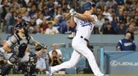 Los Angeles Dodgers shortstop Corey Seager hits a double against the Tampa Bay Rays