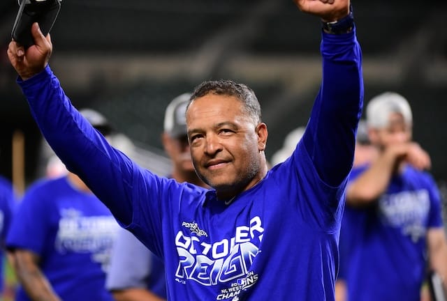 Los Angeles Dodgers manager Dave Roberts celebrates after clinching the NL West during the 2019 season