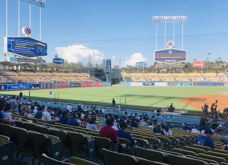 General view of the extended netting down the third-base line at Dodger Stadium