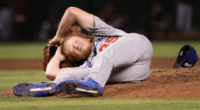 Los Angeles Dodgers pitcher Dustin May hit in the head by a line drive