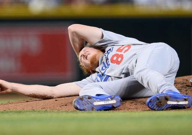 Los Angeles Dodgers pitcher Dustin May hit in the head by a line drive