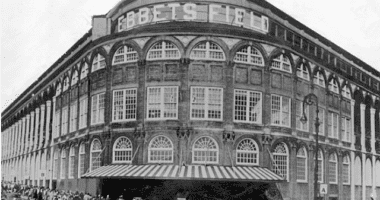 General view of the Ebbets Field entrance, which was home to the Brooklyn Dodgers