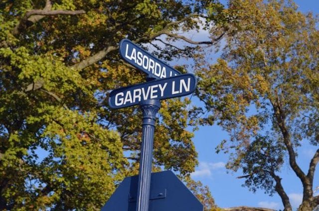 View of Tommy Lasorda and Steve Garvey street signs in the Ebbets Field development in Illinois by new Los Angeles Dodgers owner Robert L. Plummer