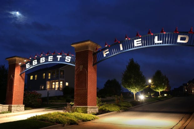 View of the entrance to the Ebbets Field development in Illinois by new Los Angeles Dodgers owner Robert L. Plummer
