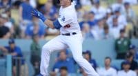 Los Angeles Dodgers infielder Gavin Lux hits a single in his MLB debut