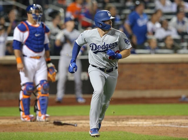 Los Angeles Dodgers infielder Gavin Lux hits a home run against the New York Mets