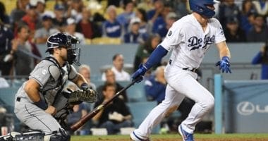 Los Angeles Dodgers infielder Gavin Lux hits an RBI single
